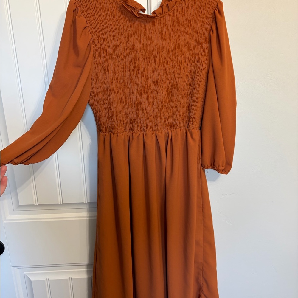 Roolee Burnt Orange Smocked Ruffle Neck Dress